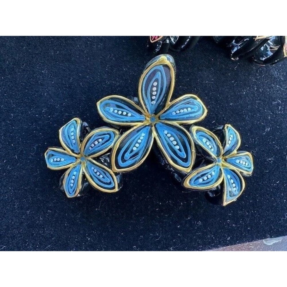 Floral Claw Hair Clip Women Blue Gold Flower Accent Hair Accessory